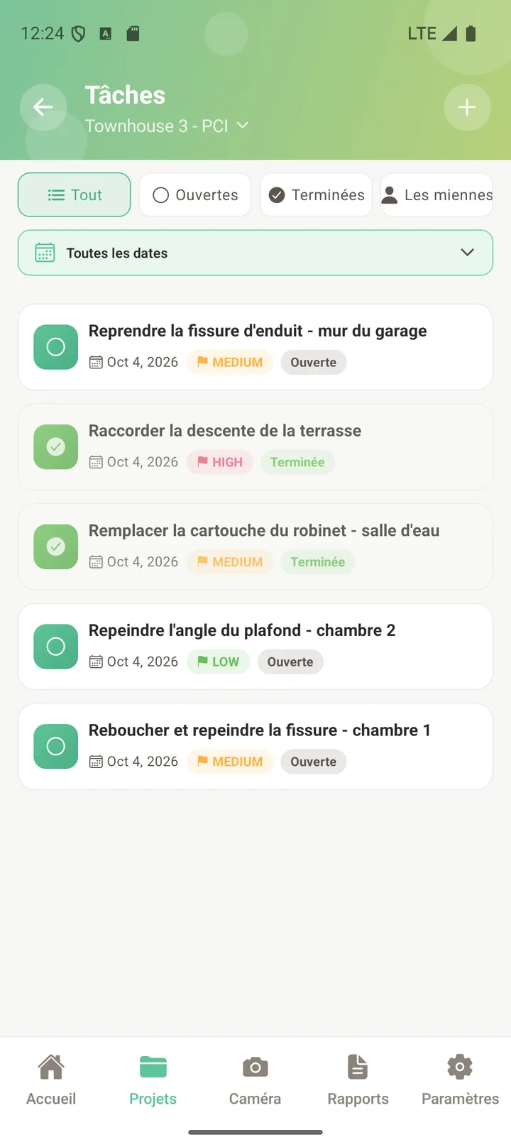 Tâches de levée : deux terminées, trois ouvertes