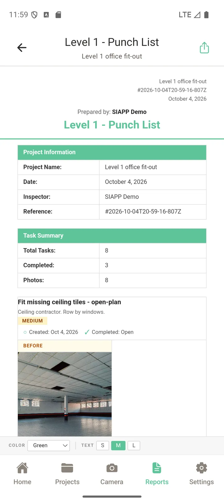 A punch list report with task status and photos