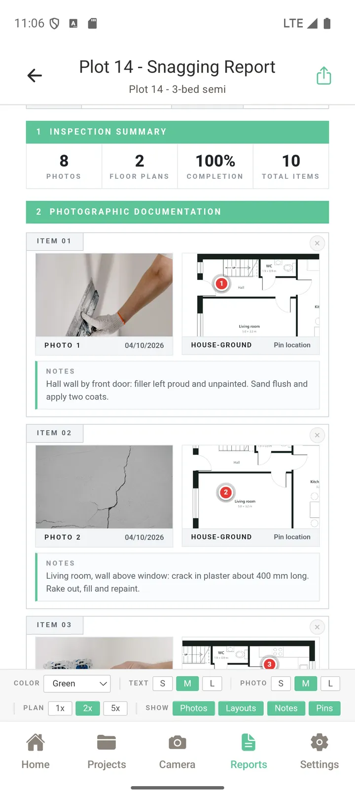 A finished snagging report with photos and plan extracts